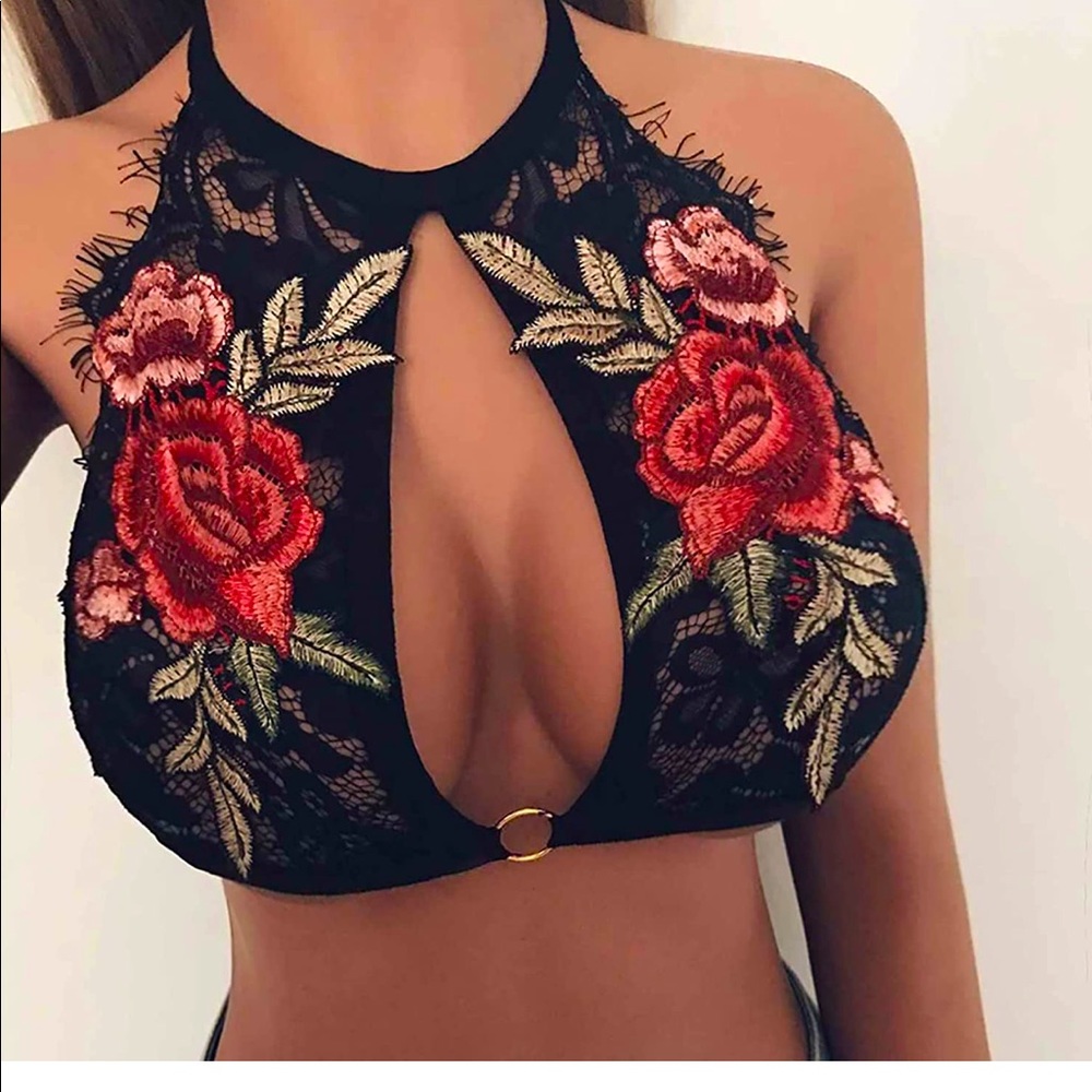 Rose high neck lace bralette